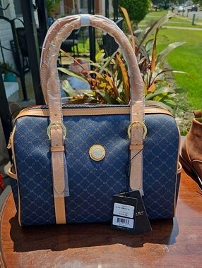 Rioni Navy Monogram Satchel with Tan Trim and Gold Hardware